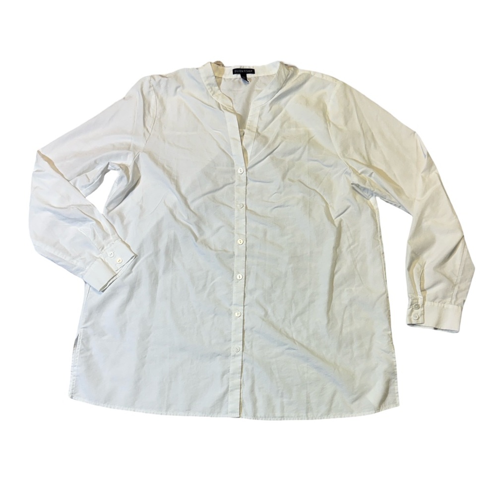 Eileen Fisher womens L Large solid white lyocell polyester button up shirt EUC
